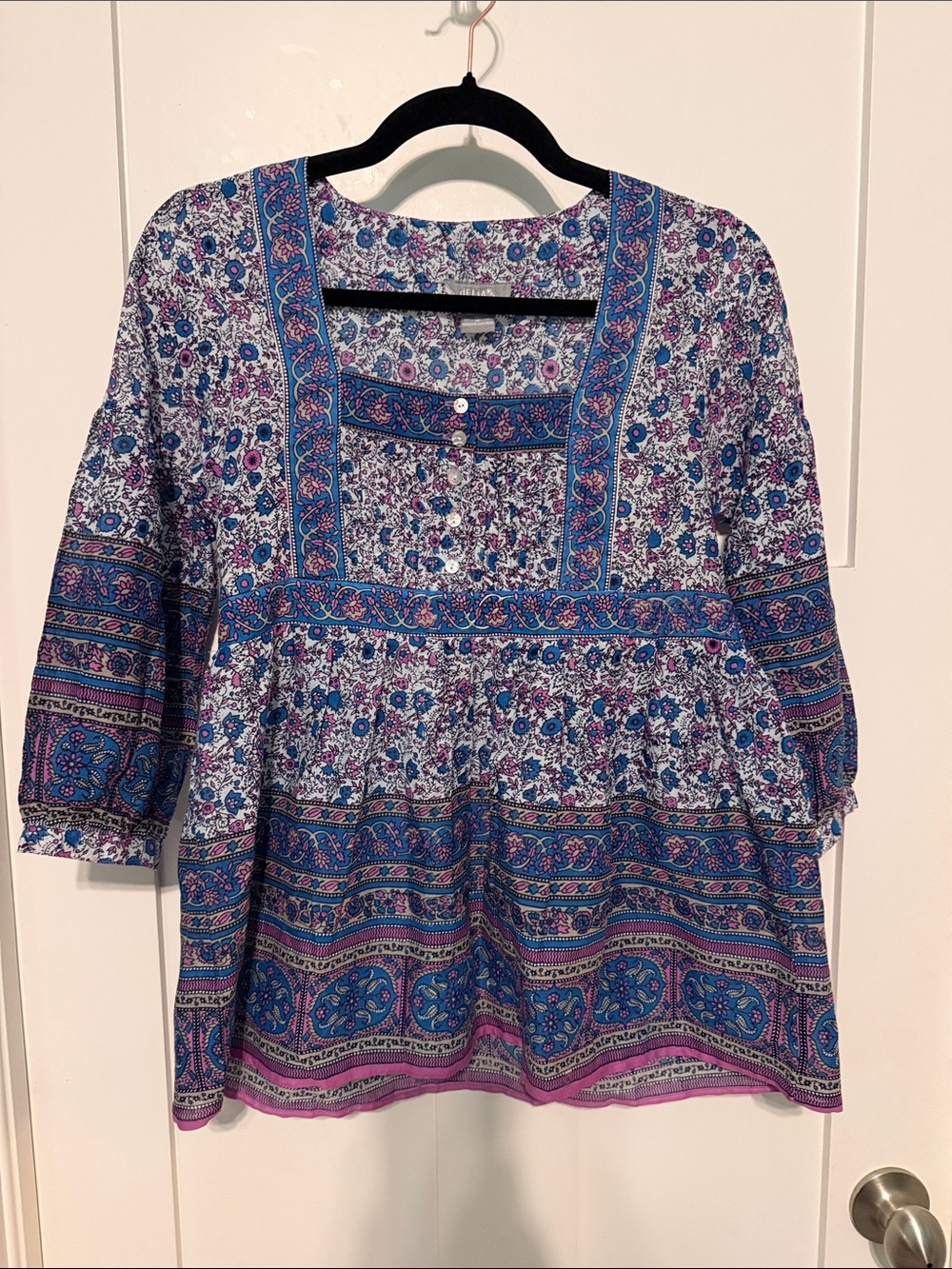 dELiA*s Vintage Y2K 100% Cotton Blue & Purple Floral Babydoll Bohemian Top